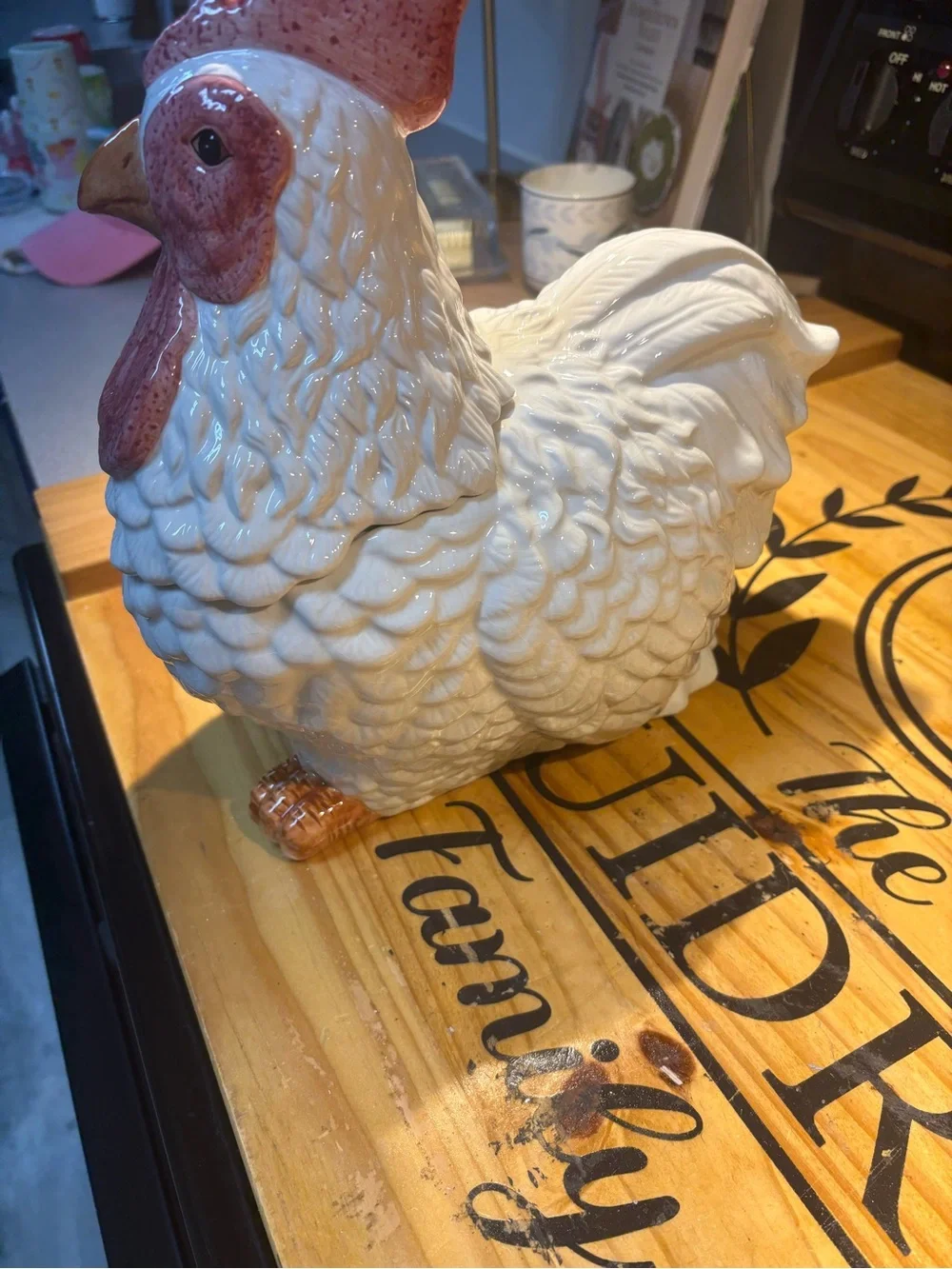 White Ceramic Hen Figurine with Red Comb and Orange Beak